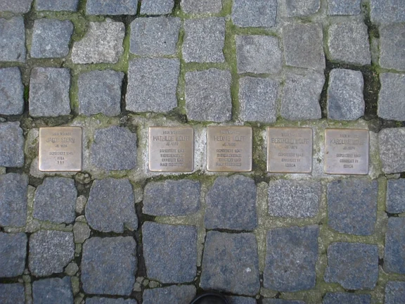 Stolpersteine für Jacob Stern und die vier Geschwister Wolff, die von den Nationalsozialisten wegen ihrer jüdischen Herkunft ermordet wurden, November 2009. Foto: Daniel Stihler (StadtA SHA Server Häuserlexikon).