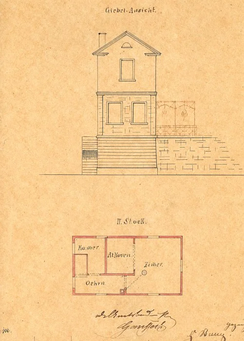 Giebelansicht und Grundriss des Erdgeschosses zum Umbau des Gartenhauses 1864 (StadtA SHA 27/371)