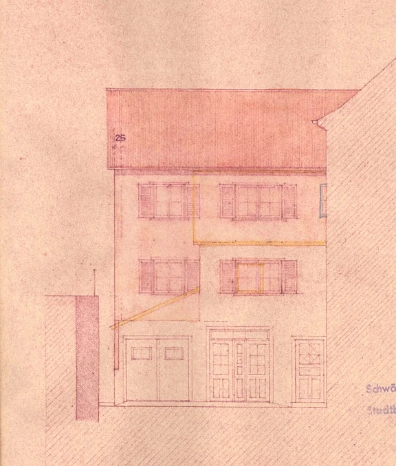 Aufstockung und Erweiterung des Hauses, 1953: Ansicht der Vorderseite (Baurechtsamt SHA, Bauakten Bahnhofstraße 12)