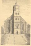 St. Michael mit Treppe. Druck nach Zeichnung von F. Reik. Aus: J. J. Hausser: Schwäbisch Hall und seine Umgebung. Ein Führer für Fremde und Einheimische, Schwäbisch Hall 1877, angeb. nach S. 58 (StadtA Schwäb. Hall HV 1144b)