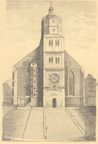 St. Michael mit Treppe. Druck nach Zeichnung von F. Reik. Aus: J. J. Hausser: Schwäbisch Hall und seine Umgebung. Ein Führer für Fremde und Einheimische, Schwäbisch Hall 1877, angeb. nach S. 58 (StadtA Schwäb. Hall HV 1144b)