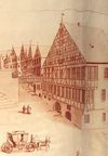 Ausschnitt aus einer Ansicht des Marktplatzes nach 1735. Nachzeichnung einer um 1900 im Rathaus freigelegten und heute nicht mehr existierenden Freskomalerei von Johann Michael Roscher. Schön zu sehen ist auf diesem Bild die Brücke zum Kirchhof von St. Michael (StadtA SHA 16/0156)