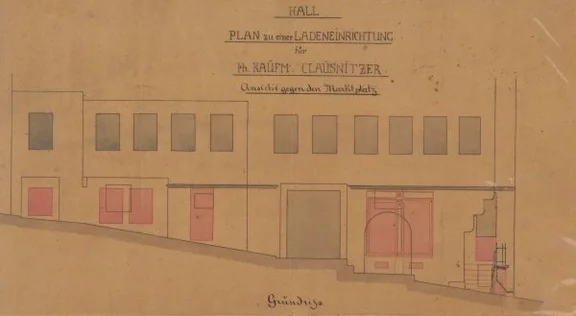 Aus den ersten erhaltenen Bauakten zum Haus von 1867: Kaufmann Clausnizer lässt im Erdgeschoss einen Laden einbauen und entsprechende Umbauten vornehmen, hier die Ansicht der Fassade (Baurechtsamt Schwäbisch Hall, Bauakten Am Markt 2)