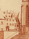 Ausschnitt aus einer Ansicht des Marktplatzes nach 1735. Nachzeichnung einer 1902 im Rathaus freigelegten und heute nicht mehr existierenden Freskomalerei von Johann Michael Roscher; hier ist der Giebel des Schulgebäudes gerade noch zu erkennen (StadtA Schwäb. Hall 16/0156)