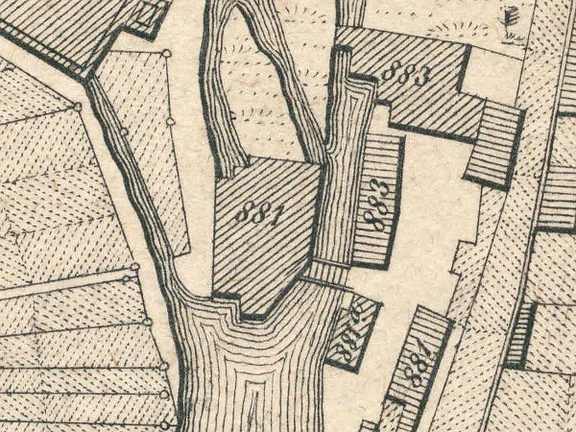 Ausschnitt aus dem Primärkataster von 1827. Das Hauptgebäude hat die Nr. 881  (StadtA Schwäb. Hall S13/0583)