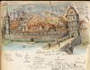 Henkersbrücke mit Brückentor 1645. Farbige Zeichnung aus der im späten 19. Jahrhundert entstandenen „Schauffele-Chronik“, möglicherweise nach einer alten, nicht erhaltenen Vorlage (StadtA Schwäb. Hall HV HS 88, Bl. 160r)
