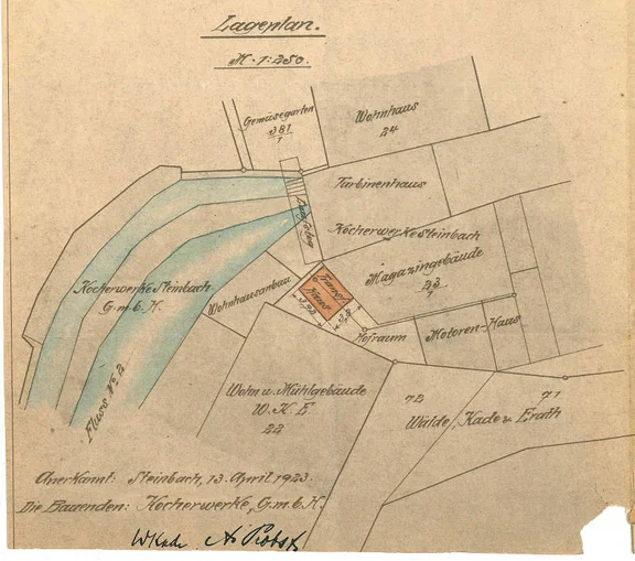 Lageplan von 1923. Die hier als „Magazingebäude 23/1“ bezeichnete, ehemalige Lohmühle gehörte mittlerweile zu den Bauten der Firma Waelde, Kade & Hofacker. Sie erhielt 1923 einen als „Transformatorenhaus“ bezeichneten Anbau (StadtA Schwäb. Hall 27/537)