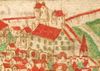 Ausschnitt aus einer kolorierten Federzeichnung der Stadt in einer Haller Chronik, um 1600. Vermutlich ist der rechte der beiden Türme der „Folterturm“ (StadtA Schwäb. Hall 4/4. Bl. 2)