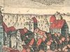 Ausschnitt aus einer 1747 bei Johann Jakob Enderes in Schwabach veröffentlichten Stadtansicht. Das äußere Tor (Bildmitte) ragt weit über die Dächer der südöstlichen Altstadt hinaus (StadtA Schwäb. Hall Alte Dr./271)