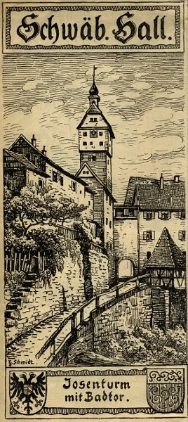 Zeichnung von Gottfried Schmidt aus dem Prospekt „Ein Gang durch Schwäbisch Hall“, undatiert, um 1916 (StadtA Schwäb. Hall StA So 9122)
