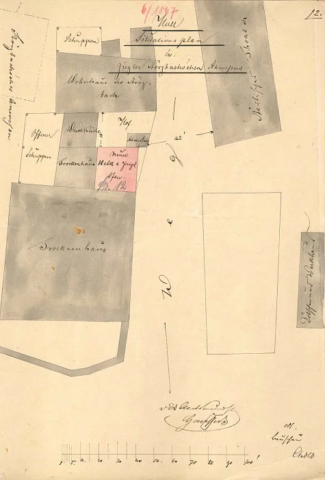 Lageplan  der Ziegelei zum Neubau eines Kalk- und Ziegelofens, 1867 (Baurechtsamt SHA, Bauakten)
