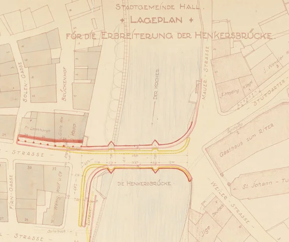 Lageplan zur nicht durchgeführten Verbreiterung der Henkersbrücke von 1929. Diesem Konzept zufolge sollte die ganze Häuserreihe Neue Straße 29-33 Arkaden erhalten, um Platz für den Automobilverkehr zu schaffen (Stadt Schwäb. Hall, Baurechtsamt, Bauakten Neue Straße 29-33)