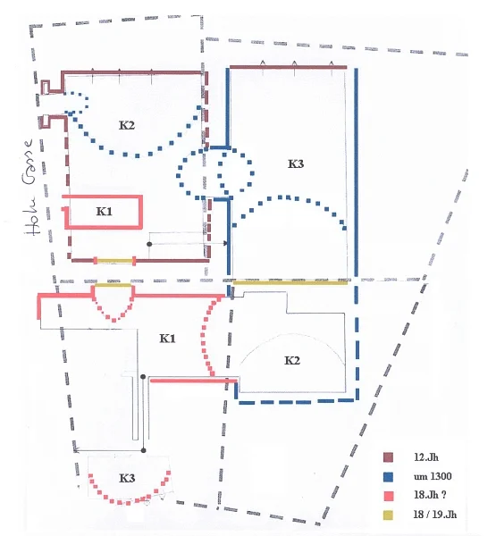 Altersplan der Keller unter den Häusern Hafenmarkt 4, Hohe Gasse 1 sowie Neue Straße 1 und Neue Straße 3 (rechts oben) . Plan: Michael Weihs / Christian Schaetz (StadtA SHA S26/0191)