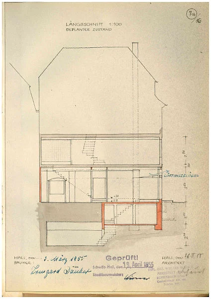 Längsschnitt durch das  für den Umbau von 1955, geplanter Zustand. Ein neuer Heizkeller ersetzt den kleinen Gewölbekeller im südöstlichen Hauseck. Original: Privatbesitz (StadtA Schwäb. Hall DIG 10644)