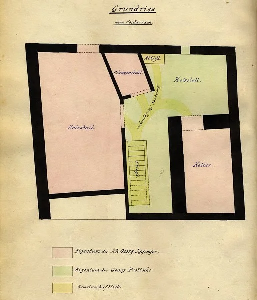 Grundriss des ''Souterrains'' (Untergeschosses) für einen Teilungsplan zwischen den Hausbesitzern Johann Georg Igginger (rosa) und Georg Pröllochs (grün), 1887 (gemeinschaftlicher Besitz: gelb) (StadtA SHA 19/1060, Beil. 24)