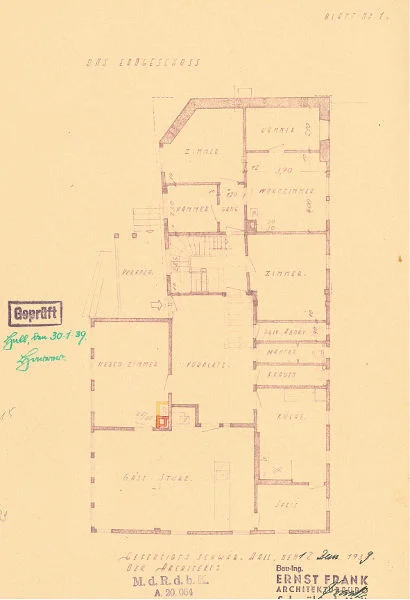 Grundriss des Erdgeschosses aus dem Bauantrag zum Einbau einer Garage und eines Kamins von 1939 (Baurechtsamt Schwäb. Hall, Bauakten Unterlimpurger Straße 61)