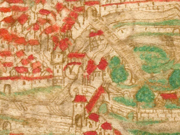 Ausschitt aus einer Stadtansicht in einer Haller Chronik, kolorierte Federzeichnung um 1600. Das Badhaus ist an der Nordwestspitze des Grasbödeles zu erkennen, oberhalb der alte Sulfersteg, darunter ein heute nicht mehr existierender Steg (der „Siedersteg“ oder „Spältsteg“, abgebrochen 1851) ), der der zum Grasbödele führte  (StadtA Schwäb. Hall 4/4, Bl. 2r)