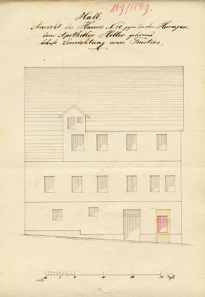 Ansicht der Fassade des Altbaus zu Umbauten im Erdgeschoss, 1869 (Baurechtsamt Schwäb. Hall, Bauakten)