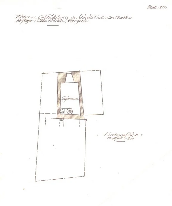 Umbauplanungen von 1967, Grundriss des oberen Kellers (Stadt Schwäbisch Hall, Baurechtsamt, Bauakten Am Markt 10)