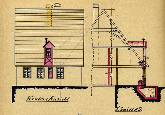 Ansicht der Rückseite und Schnittzeichnung zum Anbau eines Aborts, 1909 (StadtA Schwäb. Hall 27/0450)