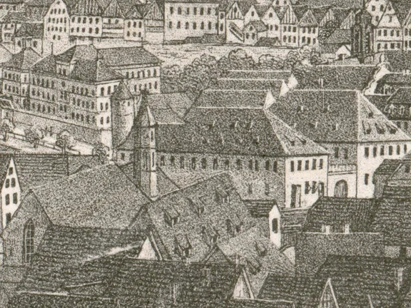 Ausschnitt aus einer Stadtansicht um 1850. Lithographie von W. Haaf nach F. Bonhöfer, um 1850 (StadtA Schwäb. Hall S10/0712)