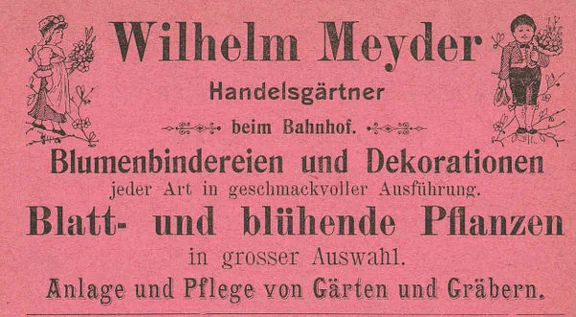Anzeige der Anfang des 20. Jahrhunderts hier befindlichen Gärtnerei Meyder von 1901 aus: W. Burkhardt (Bearb.): Adreß- und Geschäfts-Handbuch der Oberamtsstadt Schwäbisch Hall, Schwäbisch Hall 1901, Inseratenanhang, S. 38 (StadtA Schwäb. Hall Bibl. 2947)