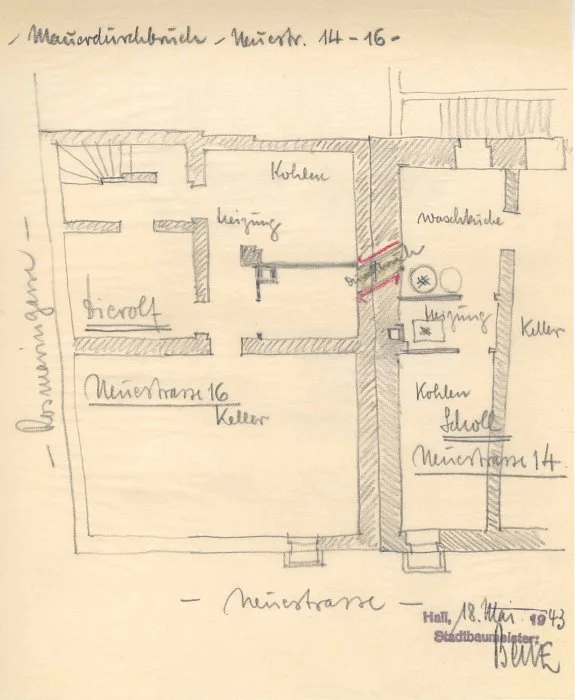 Plan zum Mauerdurchbruch in den Nachbarkeller (Neue Straße 14) zu Luftschutzzwecken, 1943 (Baurechtsamt SHA, Bauakten)