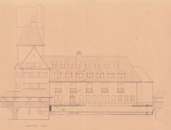 Seitenansicht für ein nicht umgesetztes Umbauprojekt von Dr. Eduard Krüger, 1957 (StadtA Schwäb. Hall S06/P6354)