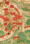 Das Riedener Tor auf einer undatierten Stadtansicht um 1600. Kolorierte Federzeichnung aus einer Haller Chronik (StadtA SHA 4/4 Bl. 2)