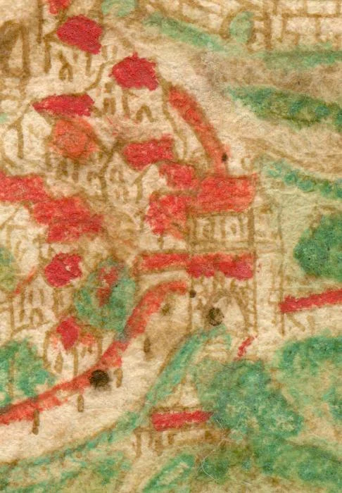 Das Riedener Tor auf einer undatierten Stadtansicht um 1600. Kolorierte Federzeichnung aus einer Haller Chronik (StadtA SHA 4/4 Bl. 2)