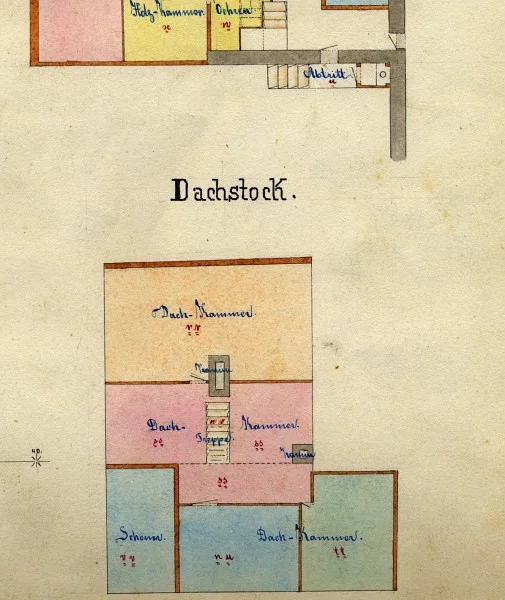 Grundriss des Dachstocks in einem Teilungsplan der Hausbesitzer Maler Föll (rot), Christian Kautter (blau), Schuhmacher Däuber (gelb), Witwe Engel (grün) und Käsehändler Christian Philipp (braun), 1867. Gemeinschaftlicher Besitz ist weiß (StadtA SHA  19/1064 Beil. 1)