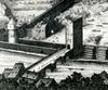 Ausschnitt aus der Ansicht der durch den Großen Stadtbrand vom 31. August 1728 zerstörten Stadt mit der Brücke (ohne Wächterhaus) und dem ausgebrannten und in der Folge abgetragenen Stumpf des Brückentores. Kupferstich von A. Nunzer in Nürnberg nach Vorlage von J. P. Meyer (StadtA Schwäb. Hall FS 36334)