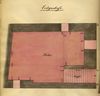 Grundriss des hier als ''Erdgeshoß'' bezeichneten Kellers für einen Teilungsplan zwischen den Hausbesitzern Georg Schramm (rot), Georg Melchior Rupp (gelb) und Friedrich Bauer (grün), 1897 (gemeinschaftlicher Besitz: blau) (StadtA SHA 19/1061, Beil. 18)