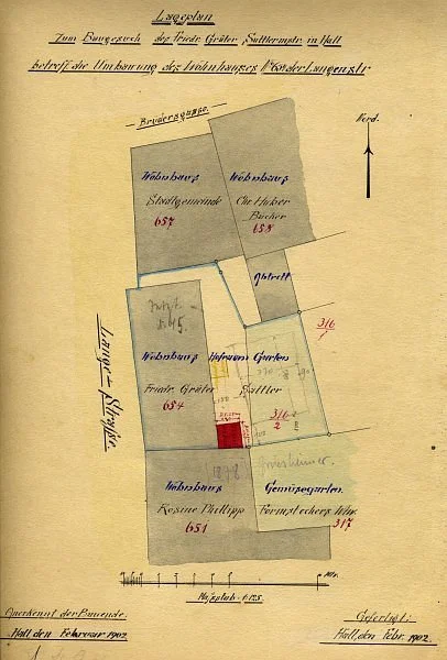 Lageplan zur Erstellung eines Abortanbaus auf der Rückseite des Hauses, 1902 (StadtA SHA 27/444)