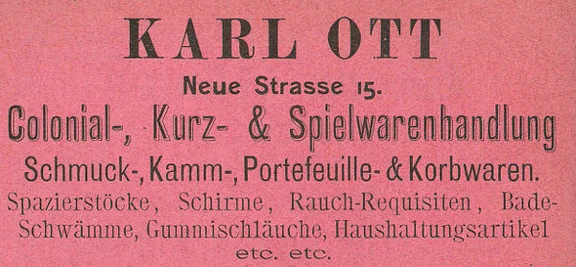 Anzeige des im Haus ansässigen Geschäfts des Karl Ott von 1901, aus: W. Burkhardt (Bearb.): Adreß- und Geschäfts-Handbuch der Oberamtsstadt Schwäbisch Hall, Schwäbisch Hall 1901, Inseratenanhang, S. 24 (StadtA Schwäb. Hall Bibl. 2947)