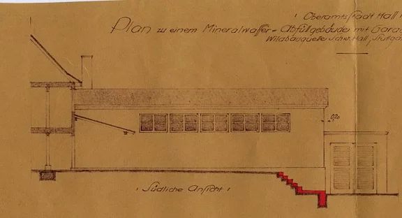 Skizze der Seitenansicht zum Bau einer Mineralwasser-Abfüllhalle mit Garage, 1929 (StadtA Schwäb. Hall 27/0453)