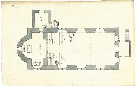 Grundriss der Kirche aus dem Pfarrbericht der katholischen Pfarrei Steinbach von 1824 (StadtA Schwäb. Hall Z01/A0034, Beil. 7)