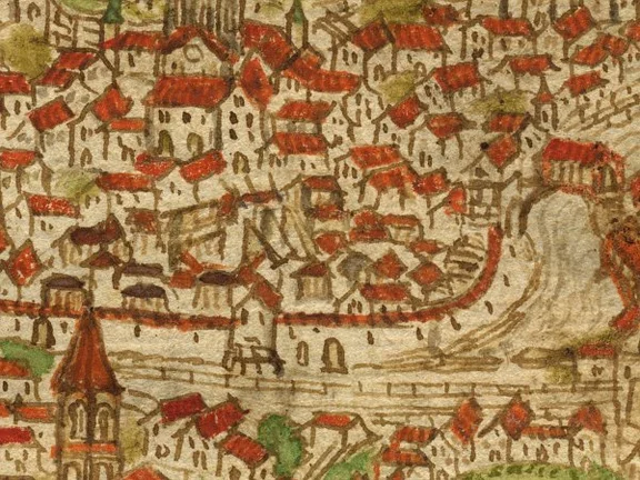 Der Haal auf der Stadtansicht in der „Dötschmann-Chronik“, Kolorierte Federzeichnung um 1600 (StadtA Schwäb. Hall S09/10, Bl. 3r)