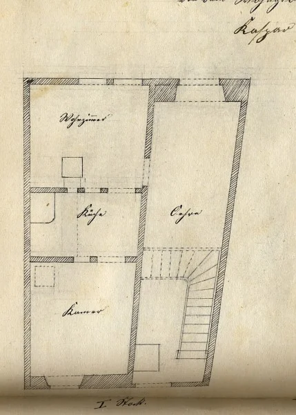 Grundriss des I. Stocks auf einem Teilungsplan der Hausbesitzer Kaspar Weidner und Leonhard Stark,  1875 (StadtA SHA  19/1069, Beil. 12)