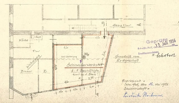 Grundriss zum Einbau einer Schneiderwerkstatt im EG, 1956 (Baurechtsamt Schwäb. Hall, Bauakten)