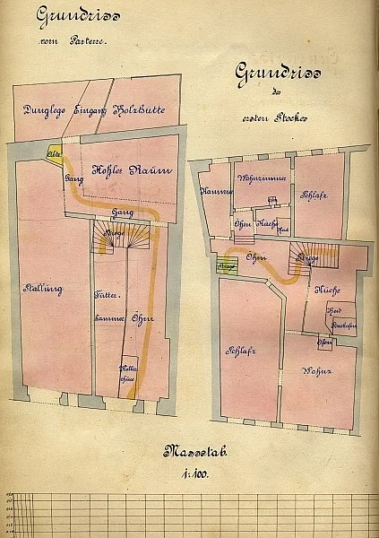 Grundriss von Parterre und erstem Stock für einen Teilungsplan zwischen den Hausbesitzern Johann Bühler (rot) und Carl Schieber (grün) von 1878 (gelb: gemeinsamer Besitz) (19/511, Beil. 38)