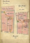 Grundriss von Parterre und erstem Stock für einen Teilungsplan zwischen den Hausbesitzern Johann Bühler (rot) und Carl Schieber (grün) von 1878 (gelb: gemeinsamer Besitz) (19/511, Beil. 38)