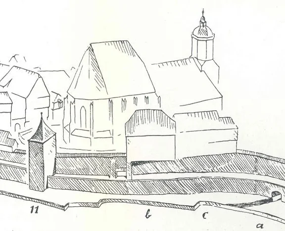 Rekonstruktion der Situation vor Abbruch der Stadtbefestigungen im 19. Jahrhundert durch E. Krüger. Die Lage des Classgebäudes auf der Stadtmauer ist gut zu erkennen. Rechts anschließend die 1843/44 abgerissenen „Präceptoratshäuser“. Aus Eduard Krüger: Die Stadtbefestigung von Schwäbisch Hall, Schwäbisch Hall 1966, S. 54a