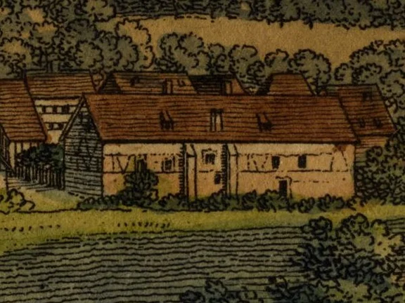 Ähnliche Darstellung aus einer Ansicht von Comburg und Steinbach um 1825, altkolorierter Stich von Eberhard Emminger bei G. Ebner, Stuttgart (StadtA Schwäb. Hall S10/2305)