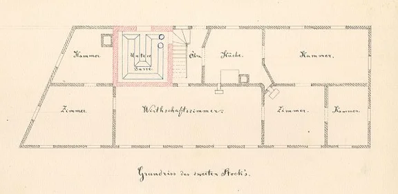 Grundriss des Obergeschosses zwecks Einbau einer Malzdarre, 1868. Gut  zu sehen ist hier das große, später aufgeteilte Wirtschaftszimmer, das eine Stuckdecke aus dem frühen 19.Jahrhundert hatte (StadtA Schwäb. Hall 27/367)