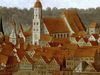 Ausschnitt aus der Wappentafel von Hans Schreyer im Haalamt (Im Haal 2), 1643. Das Clausnizerhaus ragt über die anderen Häuser hinaus und ist unmittelbar rechts neben dem Turm von St. Michael zu erkennen. Foto: Jürgen Weller, Fotograf (StadtA SHA DIG 1170)
