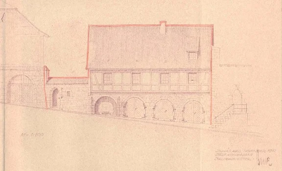 Plan der Fassade des neuen Garagengebäudes am Schuppach, 1952 (Baurechtsamt SHA, Bauakten)