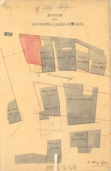 Lageplan zum Bau des an PKN 820 angebauten Hauses (später Nr. 6/1( (roter Grundriss), 1868 (Baurechtsamt SHA, Bauakten Brückenhof 6/1)