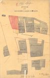 Lageplan zum Bau des an PKN 820 angebauten Hauses (später Nr. 6/1( (roter Grundriss), 1868 (Baurechtsamt SHA, Bauakten Brückenhof 6/1)