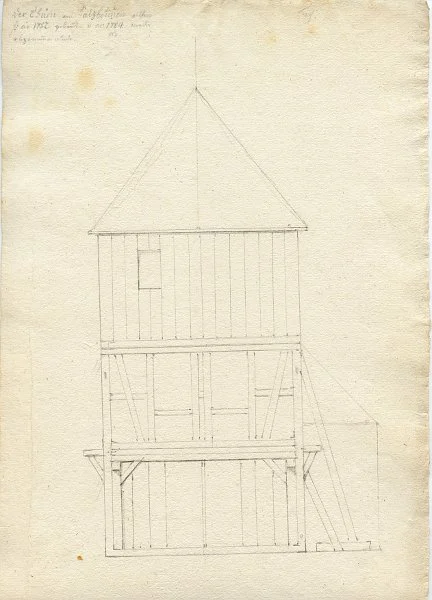 Der Turm des Pumpwerks der „Wasserkunst“. Undatierte, Bleistiftzeichung, 2. Hälfte 18. Jahrhundert (StadtA Schwäb. Hall HA A 329)